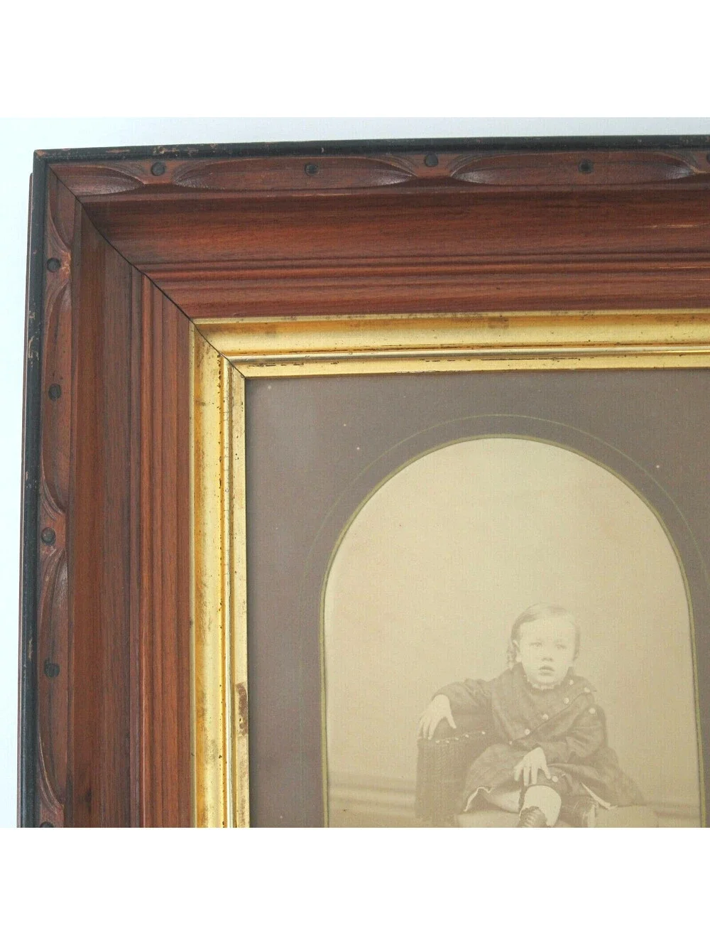 Antique Victorian Deep Picture Frame Carved Wood Gold Gilt Child Photo Glass 16